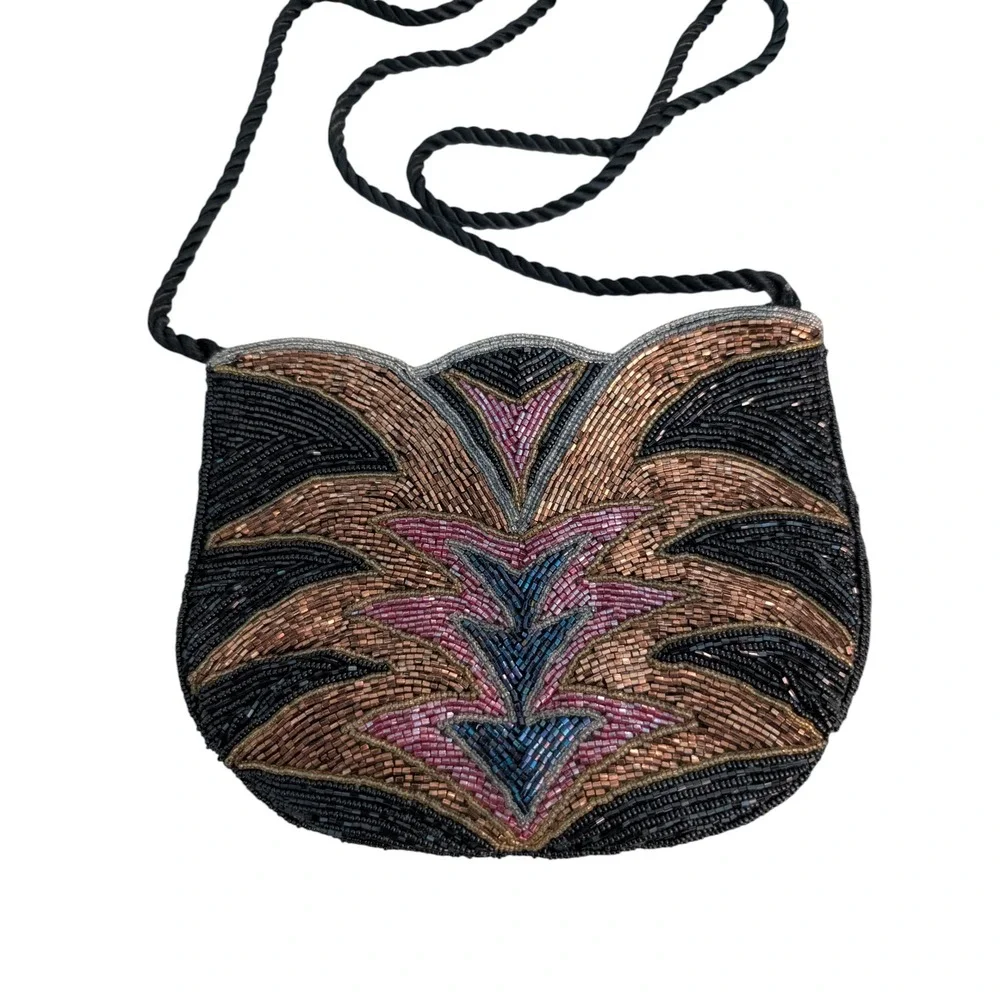 Vintage Art Deco Beaded Clutch Evening Bag‎ Black Gold Pink Blue Evening Purse
